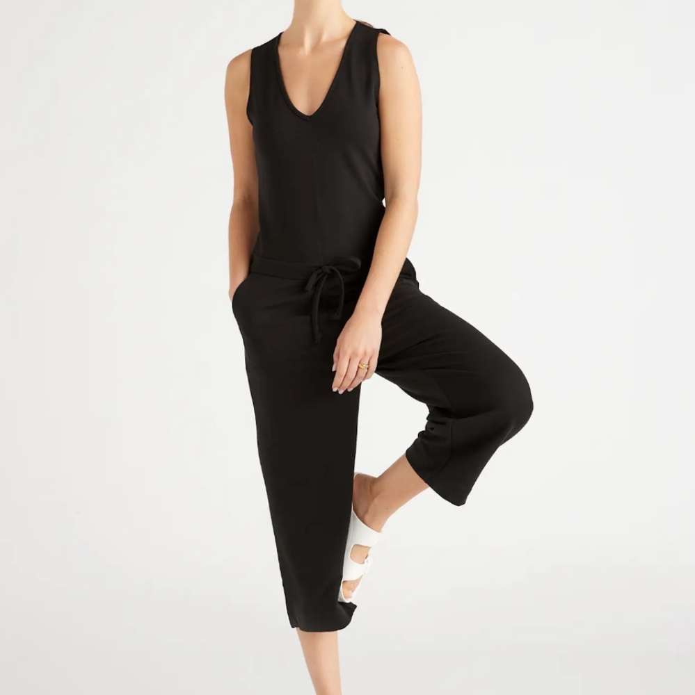 Quince French Terry Modal Jumpsuit Tie Waist Cropped Ankle Black Sz XS Travel